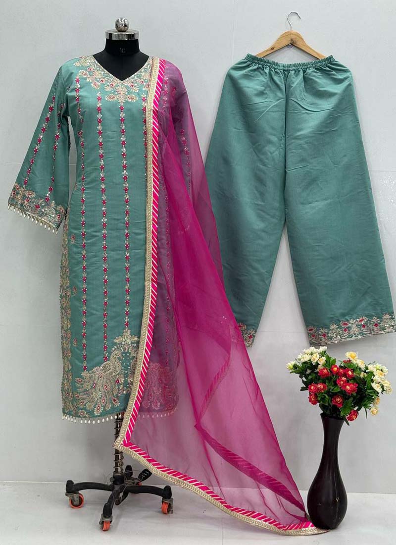 Sea Green Roman Silk Embroidered Salwar Suit