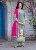 Sea Green Roman Silk salwar suit with detailed hand embroidery