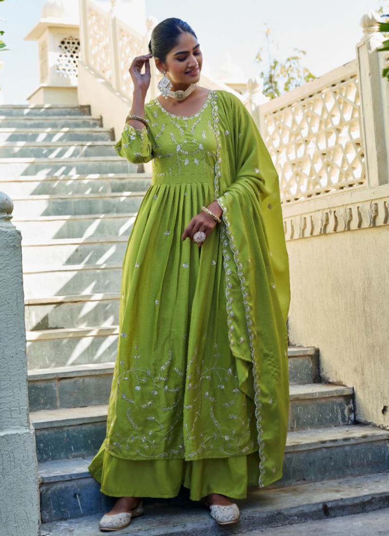 Parrot Green Nayra Cut Embroidered Sharara Suit