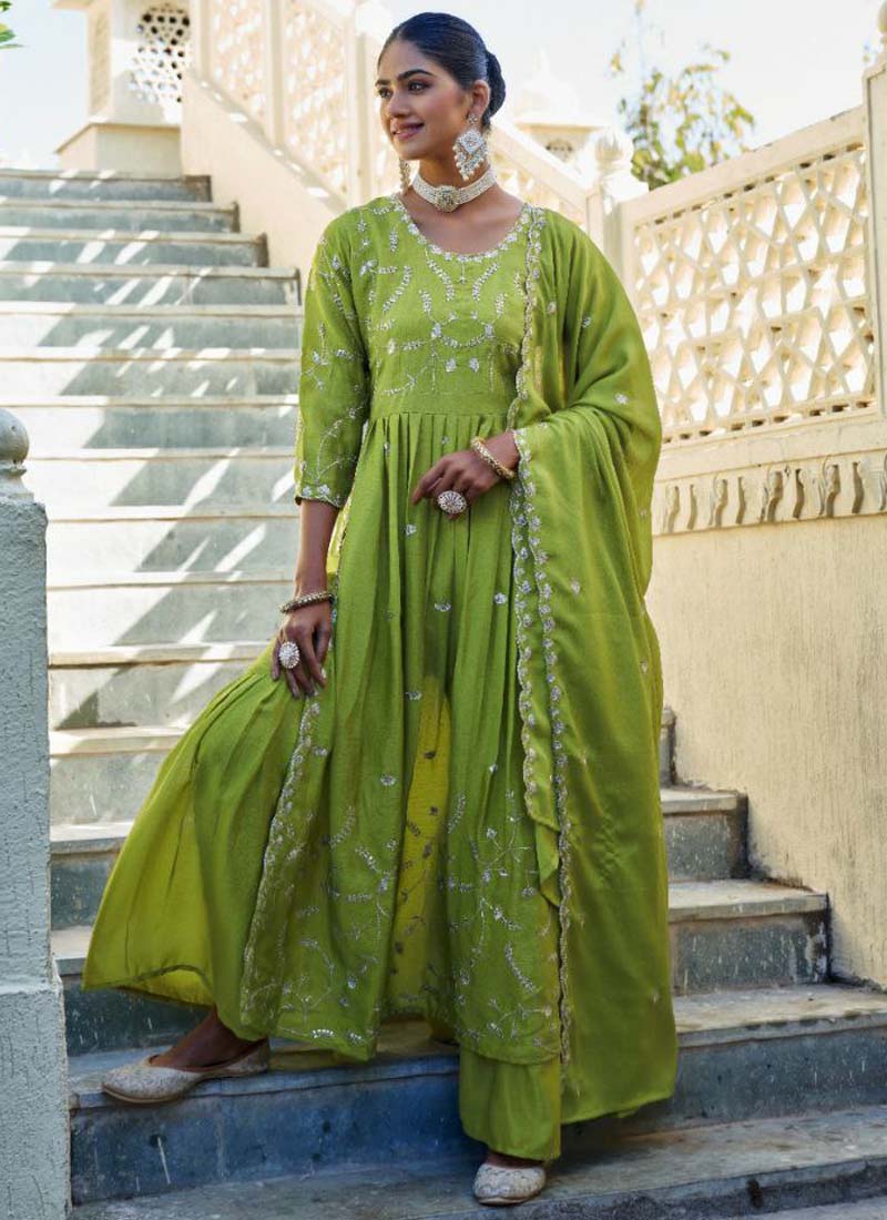 Parrot green Nayra cut Chinon silk sharara suit with embroidery