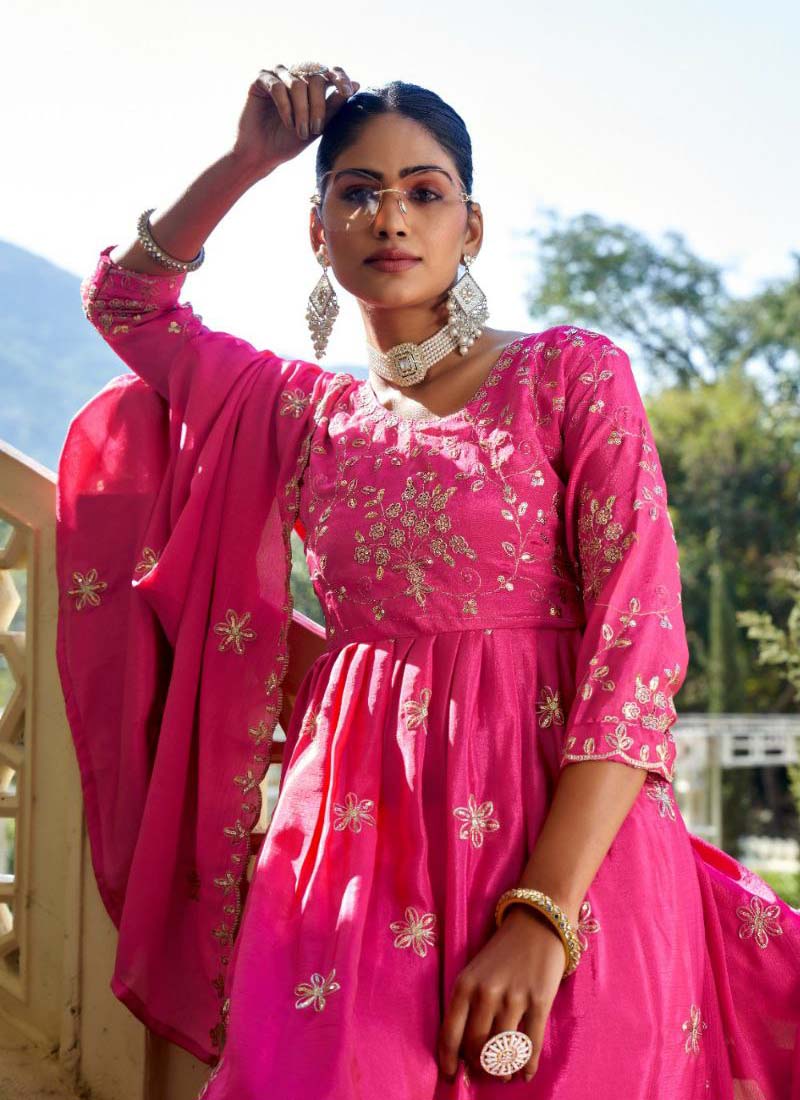 Rani Pink Chinon Silk Embroidered Nayra Cut Sharara Suit