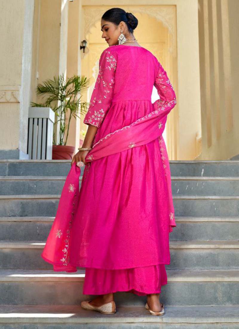 Rani Pink Chinon Silk Embroidered Nayra Cut Sharara Suit