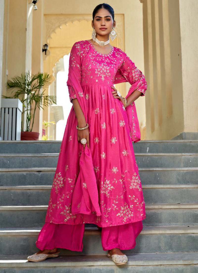 Rani Pink Chinon Silk Nayra cut sharara suit with intricate embroidery