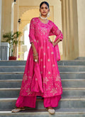 Rani Pink Chinon Silk Nayra cut sharara suit with intricate embroidery