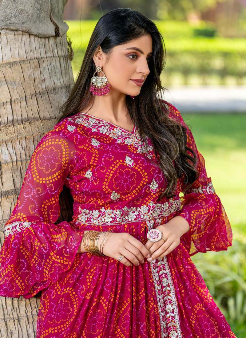 Red and Pink Bandhej Embroidered Top and Lehenga Set