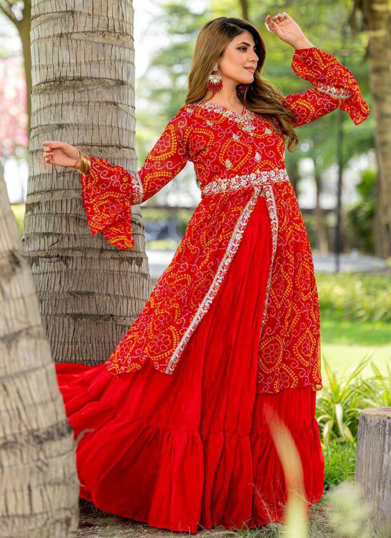 Red and Pink Bandhej Embroidered Top and Lehenga Set