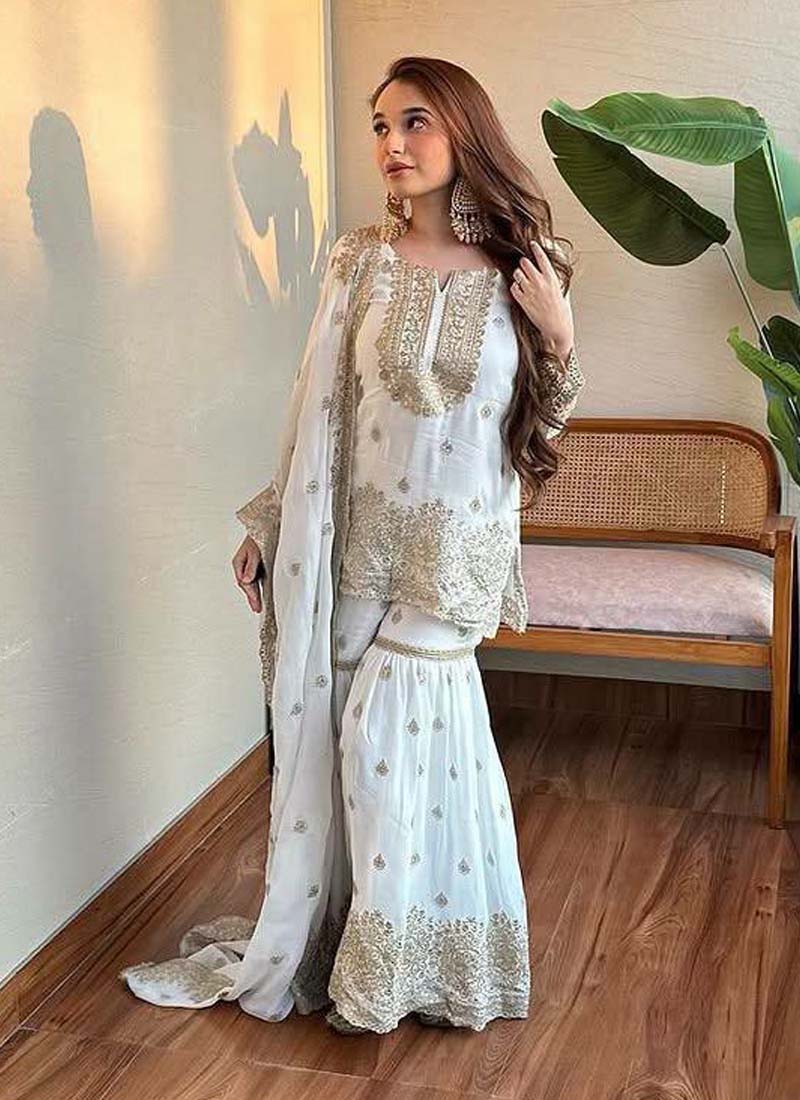 Off White Chinon Silk Embroidered Sharara Suit Set
