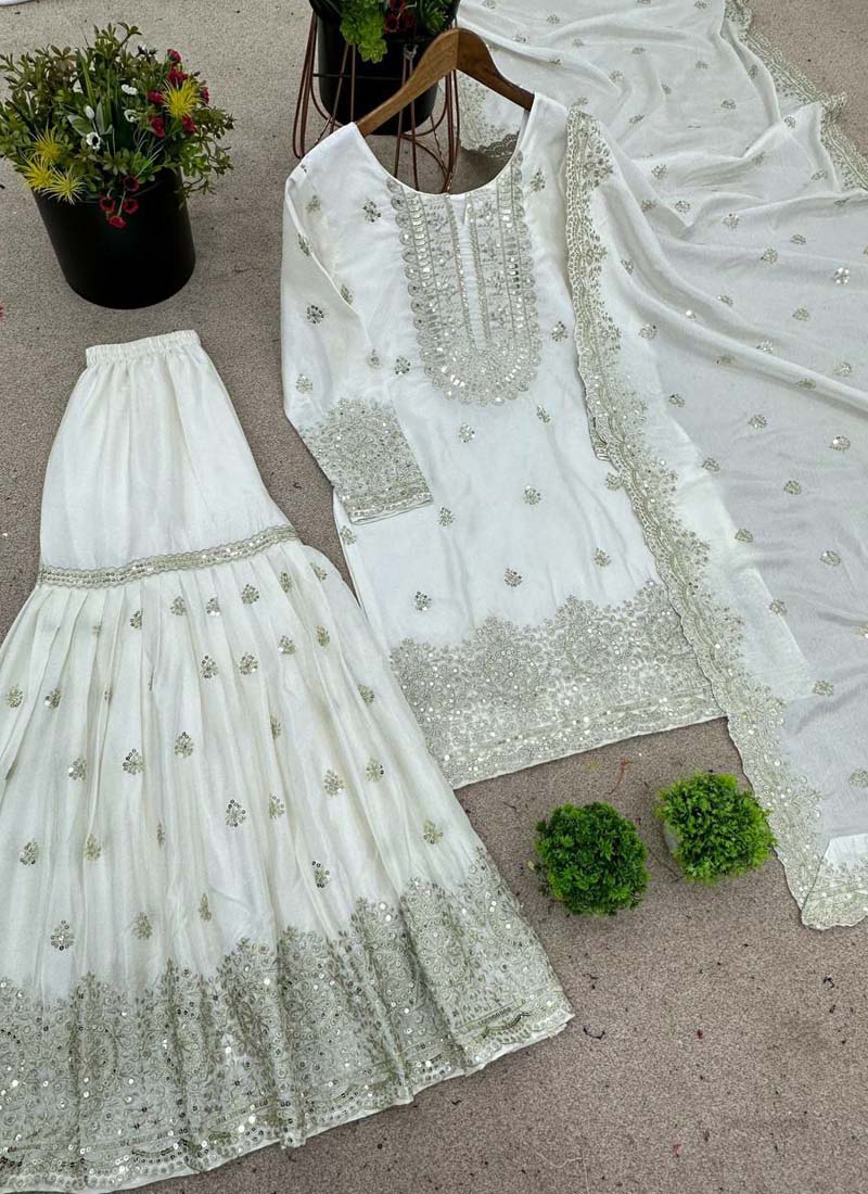 Off White Chinon Silk Embroidered Sharara Suit Set