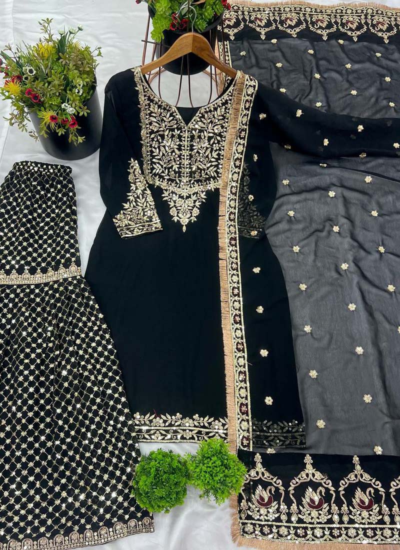 Black Georgette Embroidered Sharara Suit Set