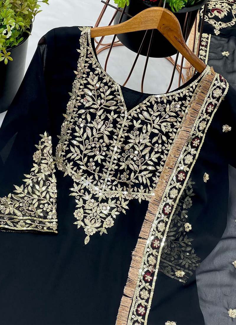 Black Georgette Embroidered Sharara Suit Set
