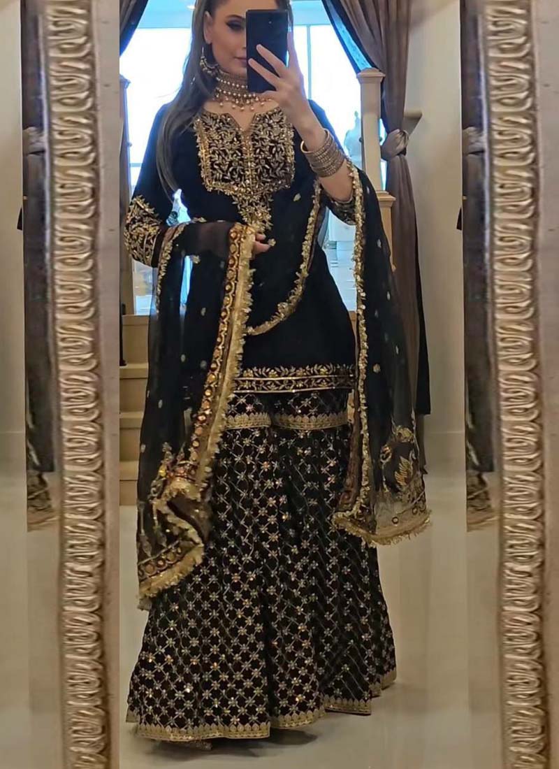 Black faux georgette sharara suit featuring 5mm embroidery sequence work and comfortable micro cotton inner.