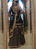 Black faux georgette sharara suit featuring 5mm embroidery sequence work and comfortable micro cotton inner.