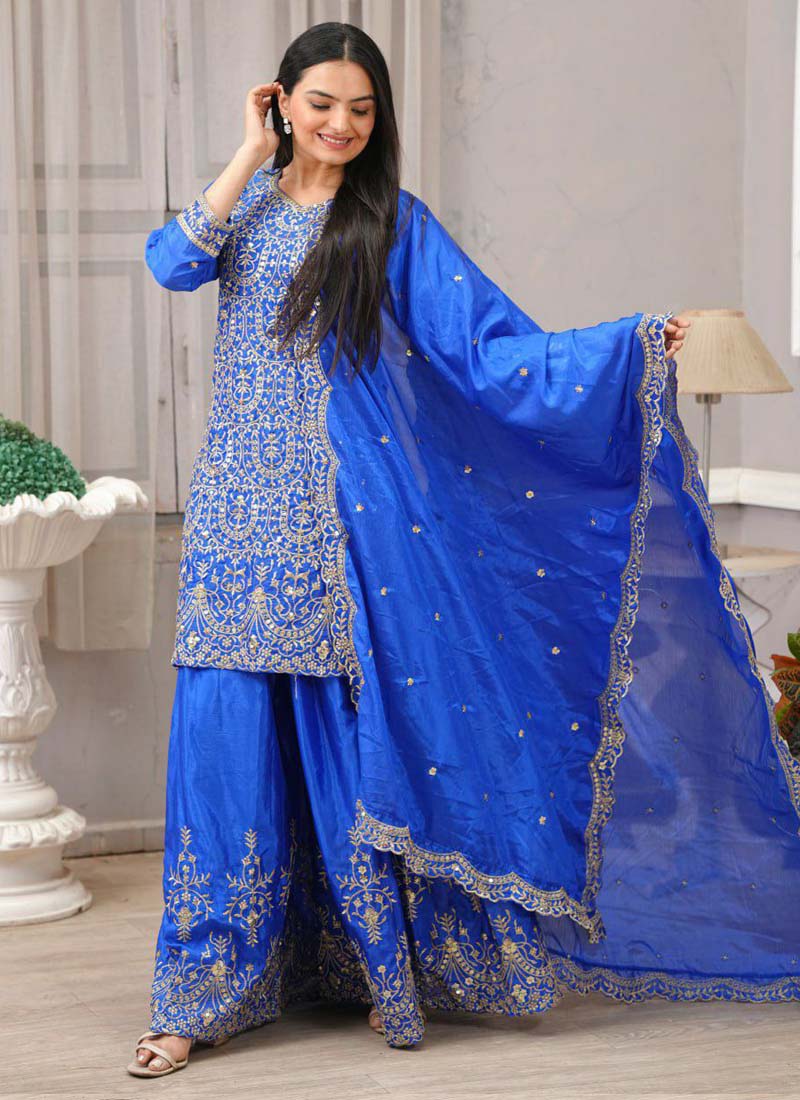 Royal Blue Chinon Silk Embroidered Sharara Suit Set