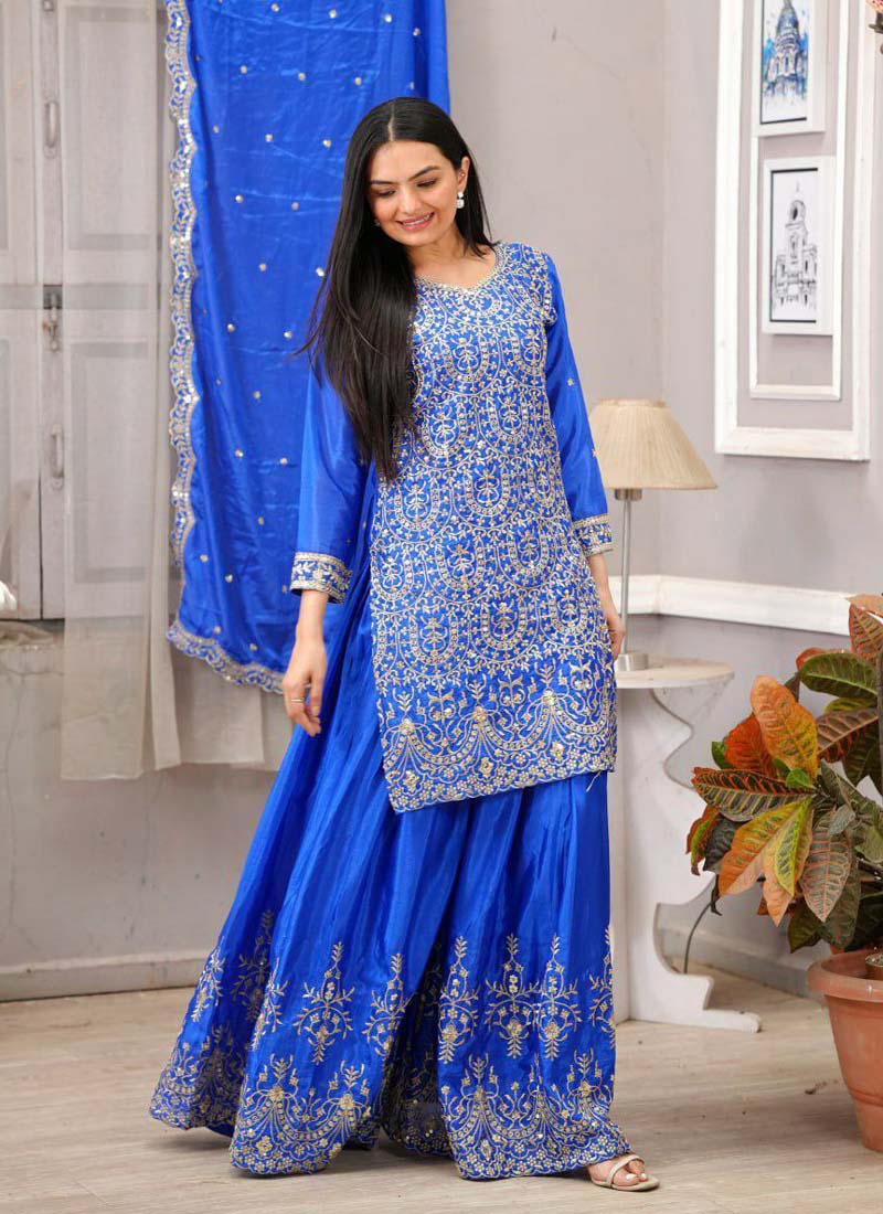 Royal Blue Chinon Silk Embroidered Sharara Suit Set