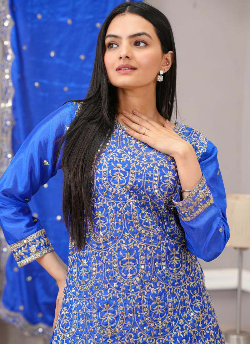 Royal Blue Chinon Silk Embroidered Sharara Suit Set