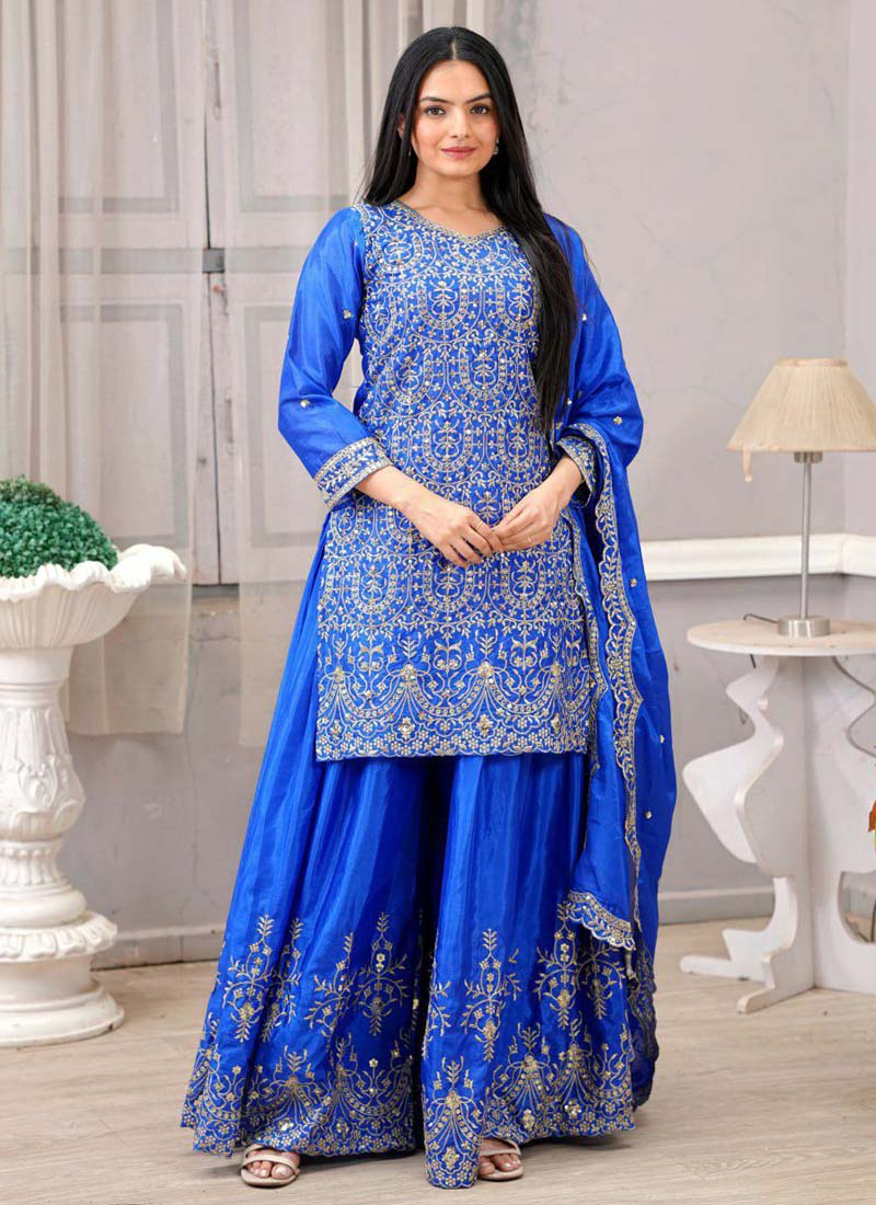 Royal blue Chinon silk sharara suit with sequence embroidery and micro lining