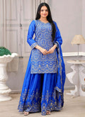 Royal blue Chinon silk sharara suit with sequence embroidery and micro lining