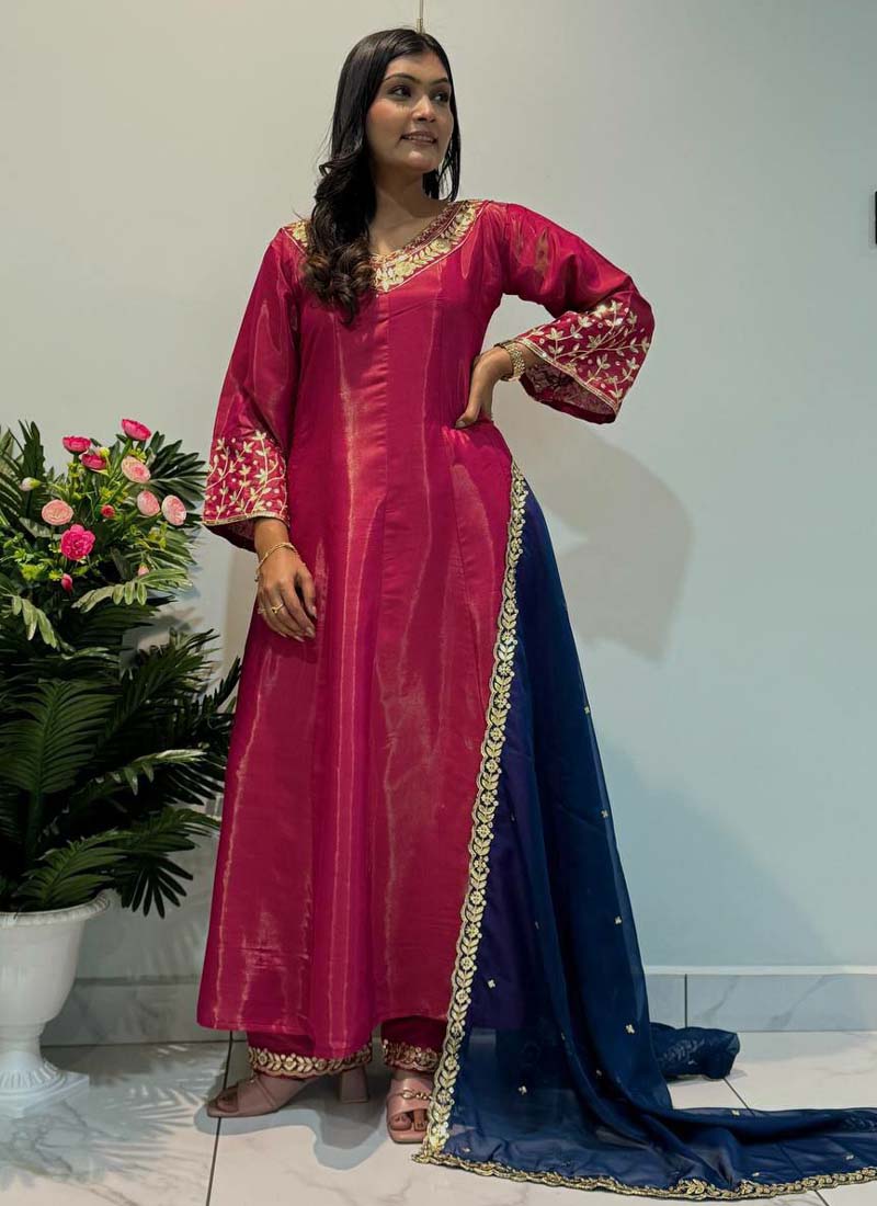 Rani Pink Roman Silk Embroidered Anarkali Suit for Festive Wear