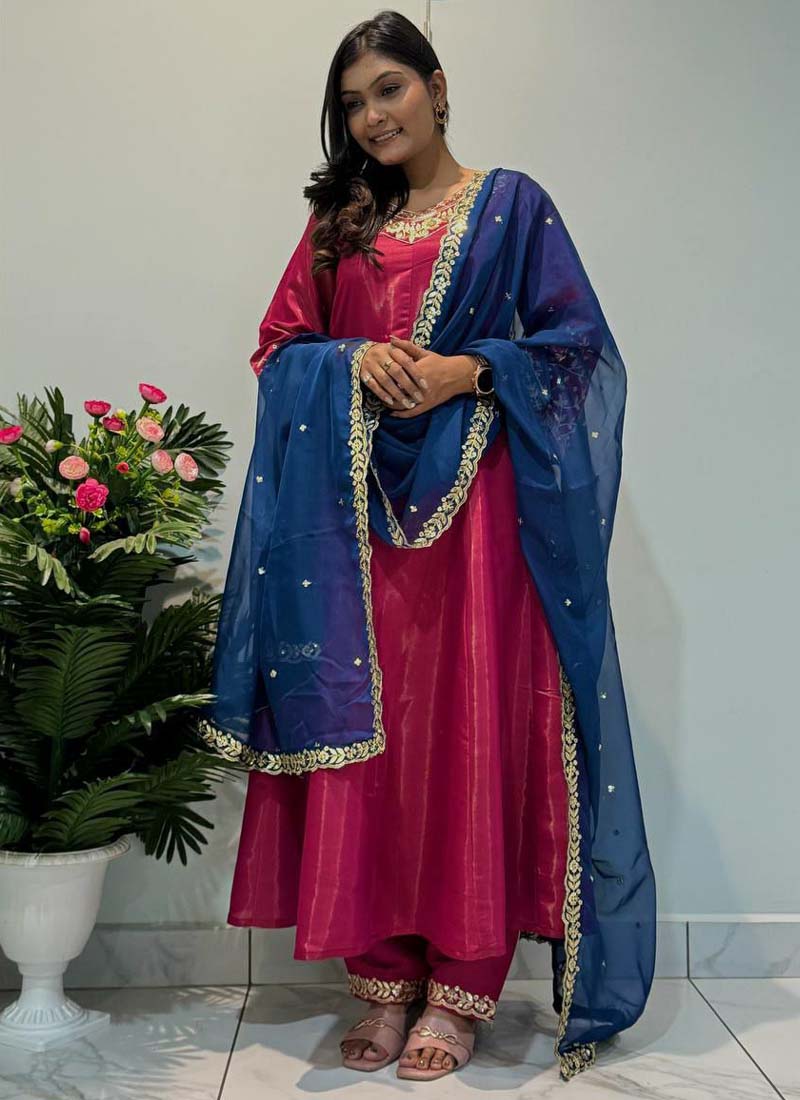Rani Pink Roman Silk Embroidered Anarkali Suit for Festive Wear