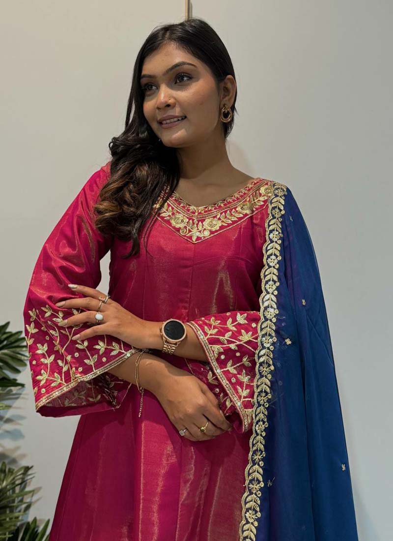 Rani Pink Roman Silk Embroidered Anarkali Suit for Festive Wear