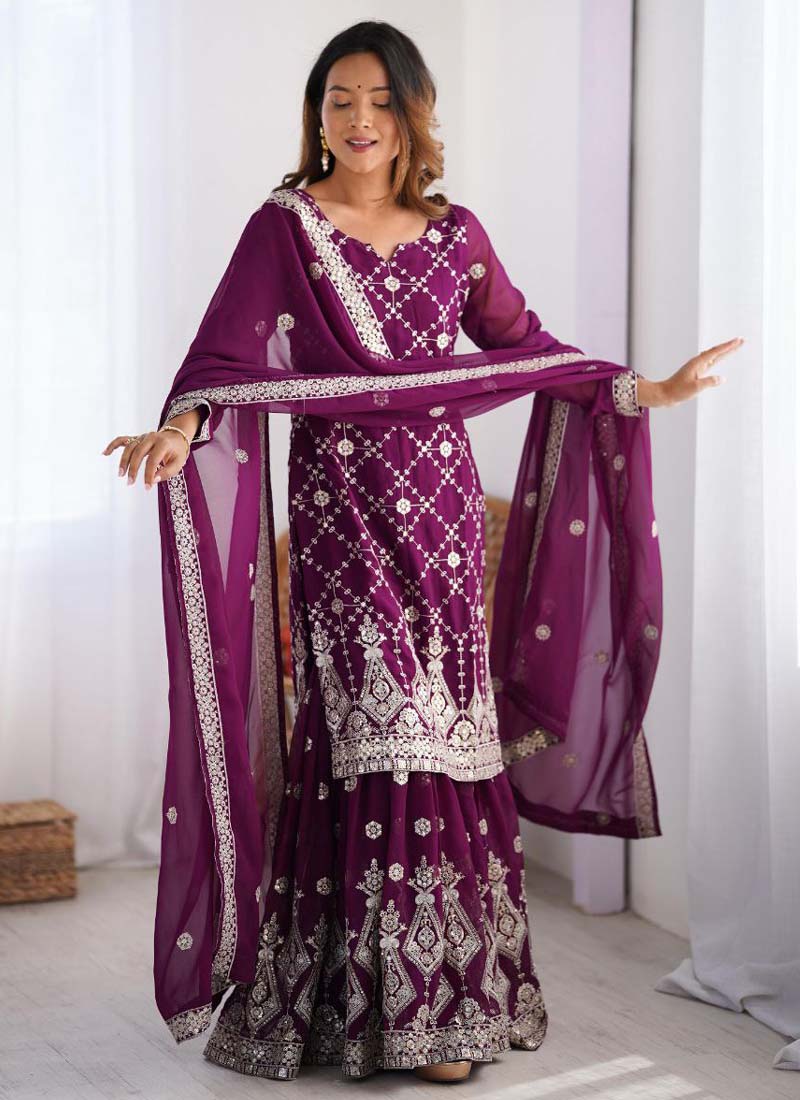 Purple Georgette Sequence Palazzo Suit with Thread Work