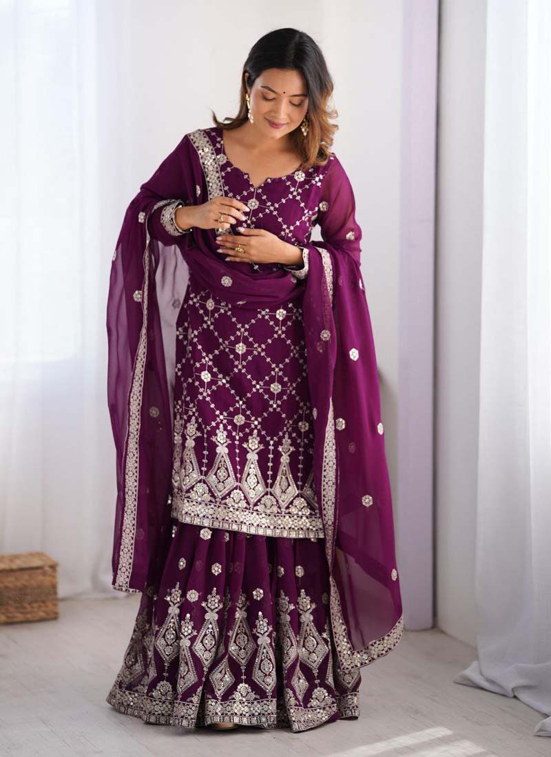 Purple Georgette Sequence Palazzo Suit with Thread Work