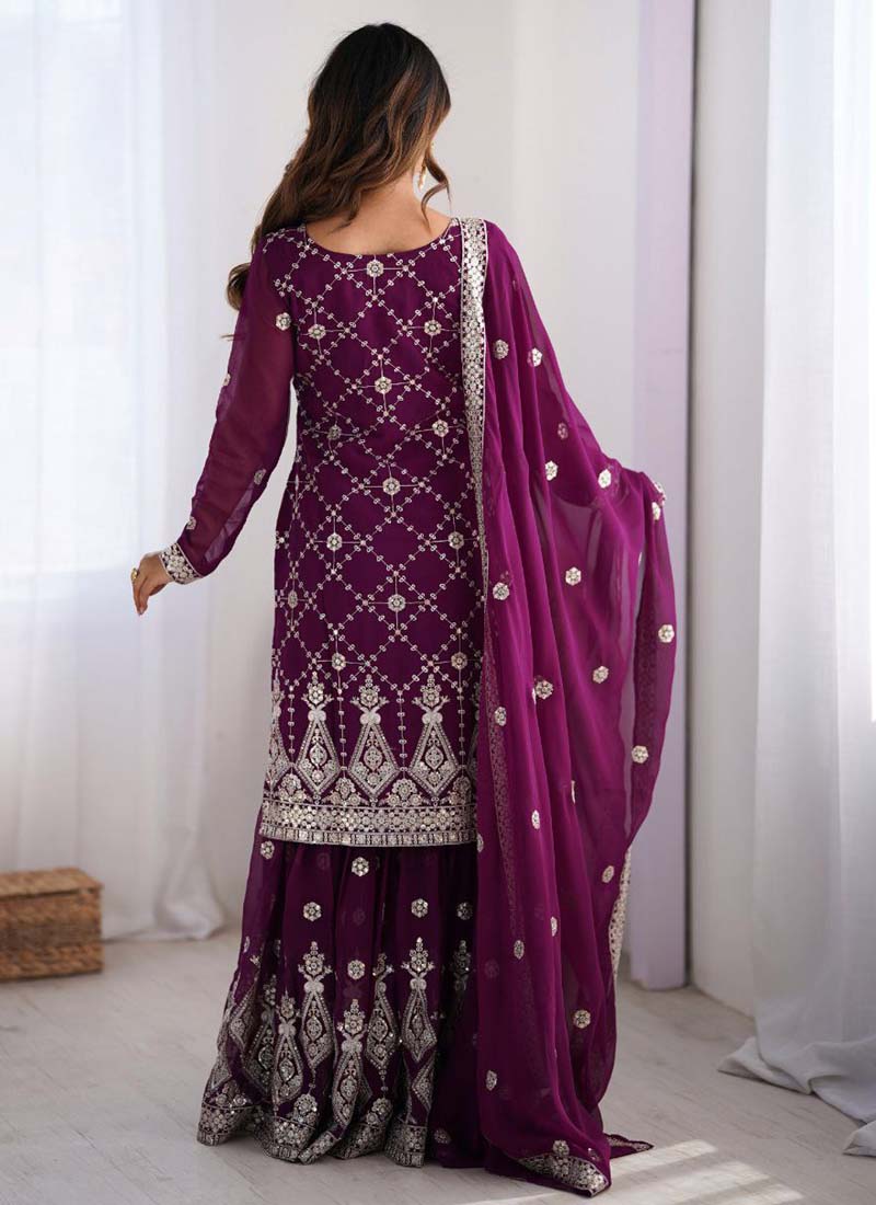 Purple Georgette Sequence Palazzo Suit with Thread Work