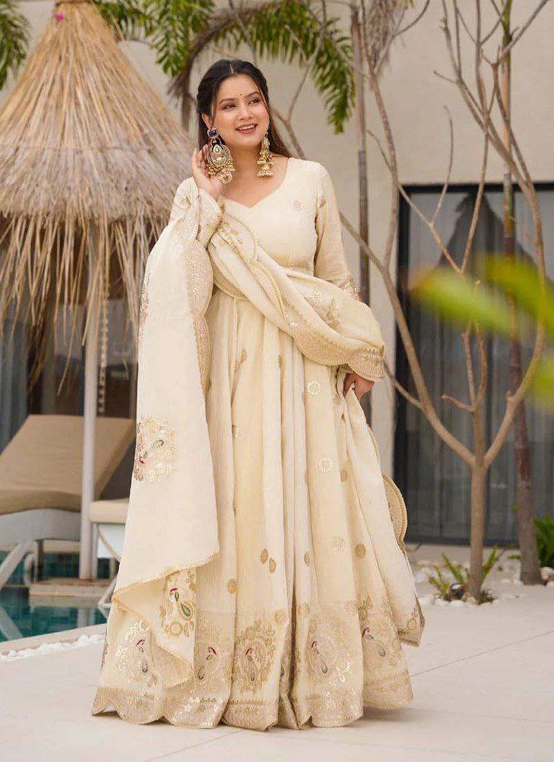 Off White Chinon Silk Sequence Work Anarkali Gown