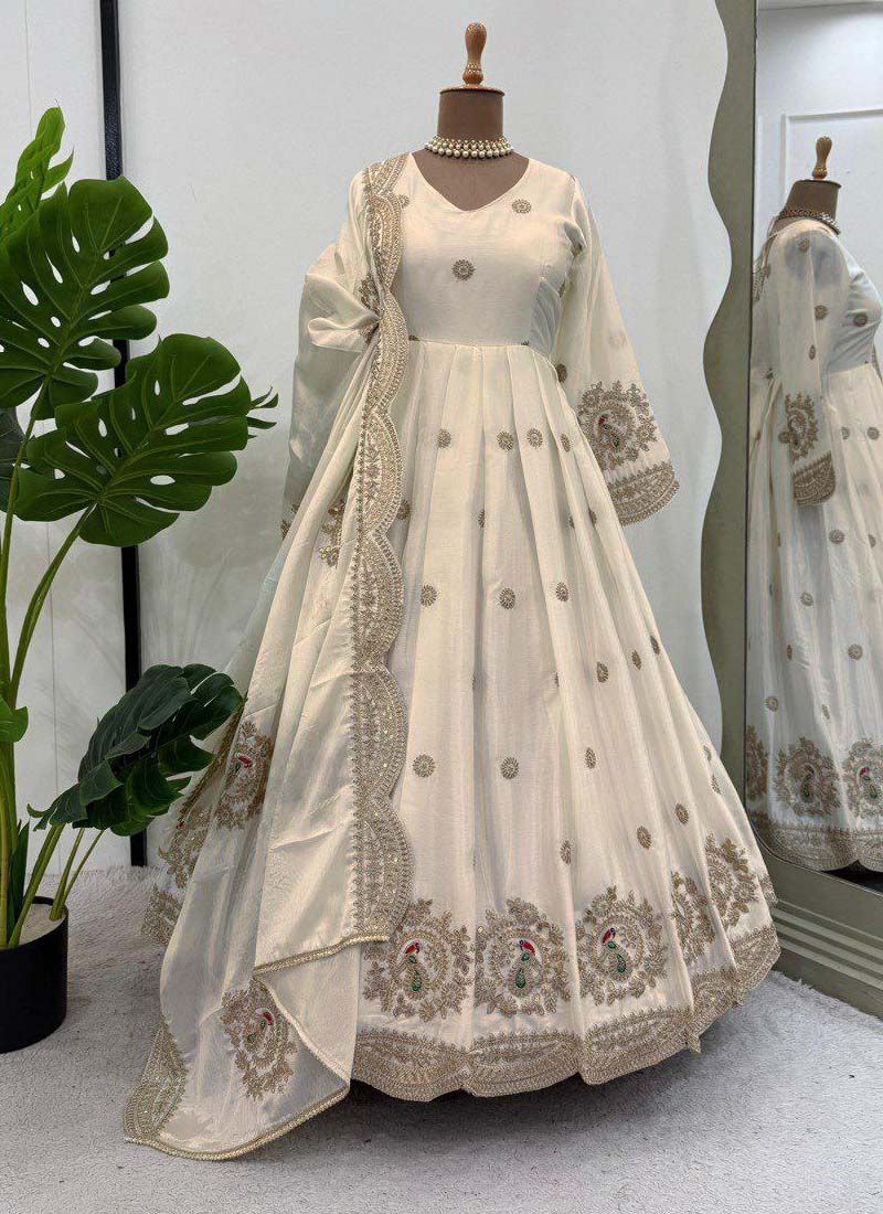 Off White Chinon Silk Sequence Work Anarkali Gown