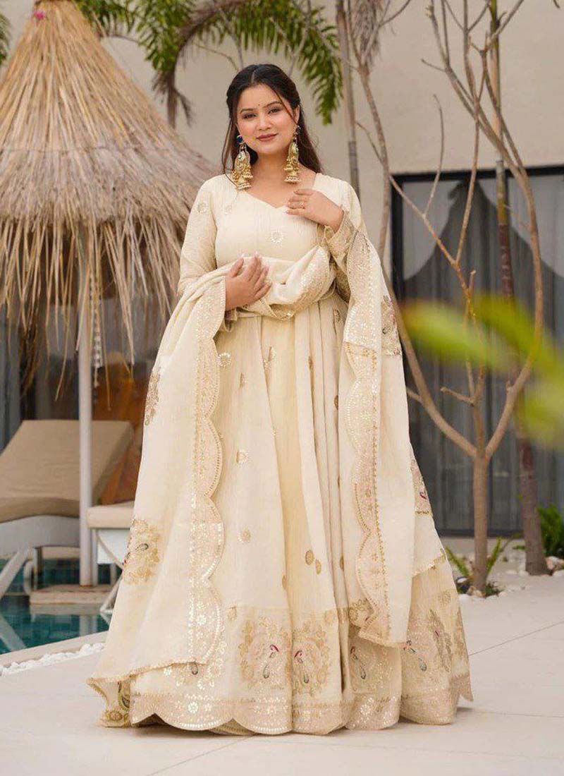 Off white Chinon silk Anarkali gown with sequence and coding work