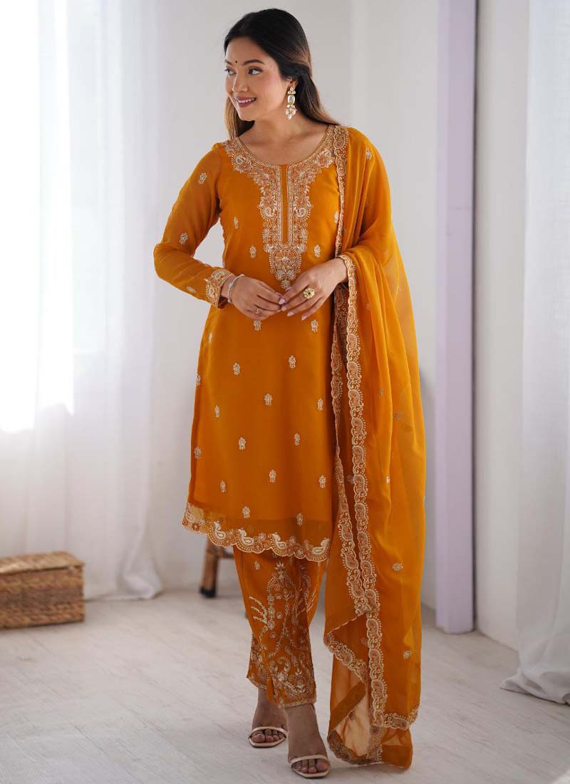 Yellow Georgette Thread Work Salwar Suit Set