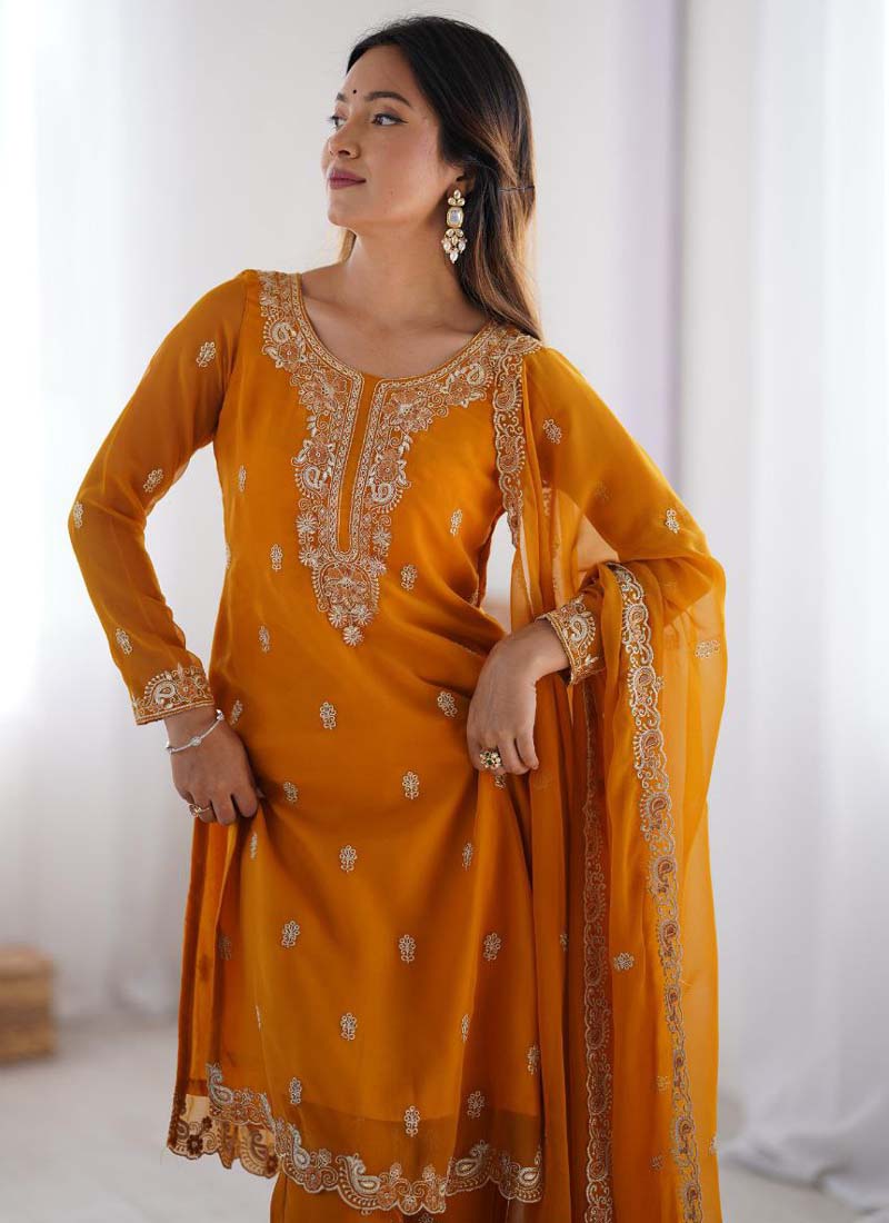 Yellow Georgette Thread Work Salwar Suit Set