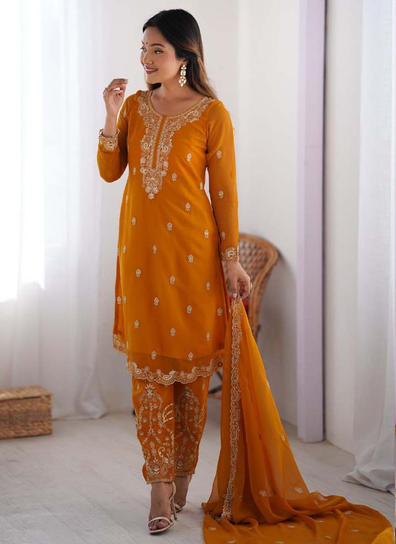 Yellow Faux Georgette salwar suit with traditional thread work embroidery