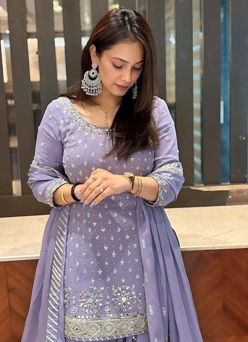 Light Lavender Georgette Embroidered Palazzo Suit Set