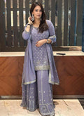 Light Lavender Georgette palazzo suit with embroidery, pearls, and real mirror work