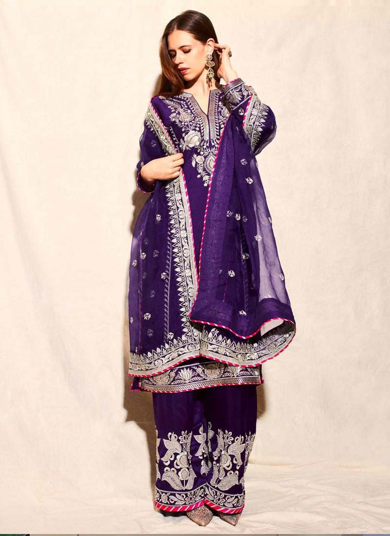 Violet Blue Chinon Silk Embroidered Palazzo Suit with Sequence Work