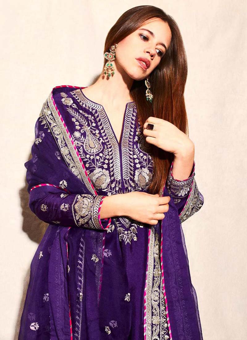 Violet Blue Chinon Silk Embroidered Palazzo Suit with Sequence Work