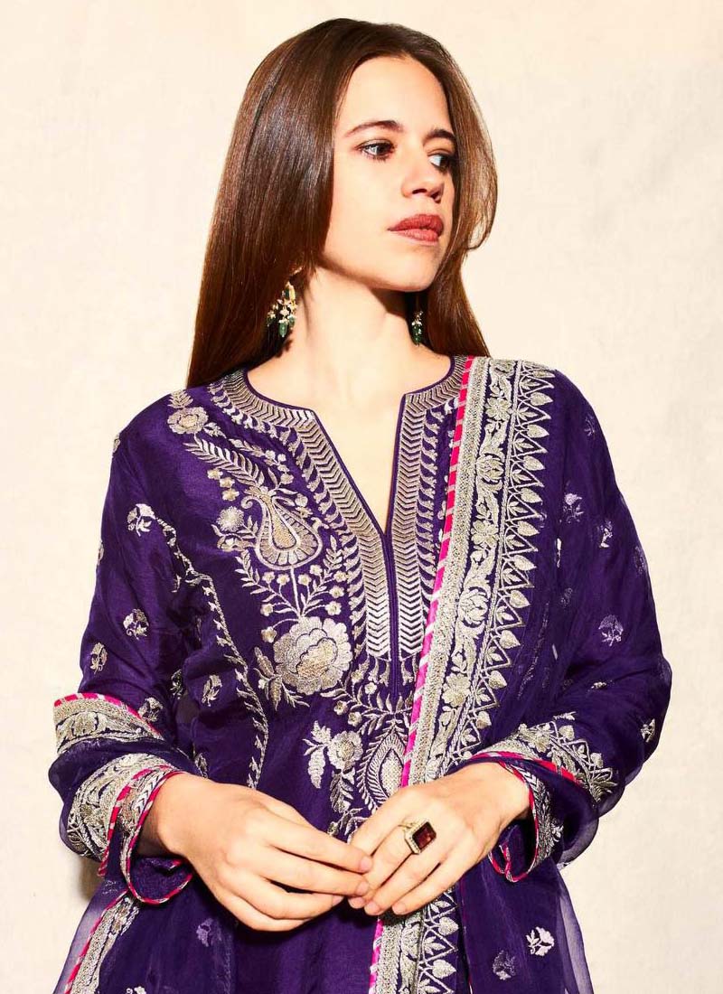 Violet Blue Chinon Silk Embroidered Palazzo Suit with Sequence Work