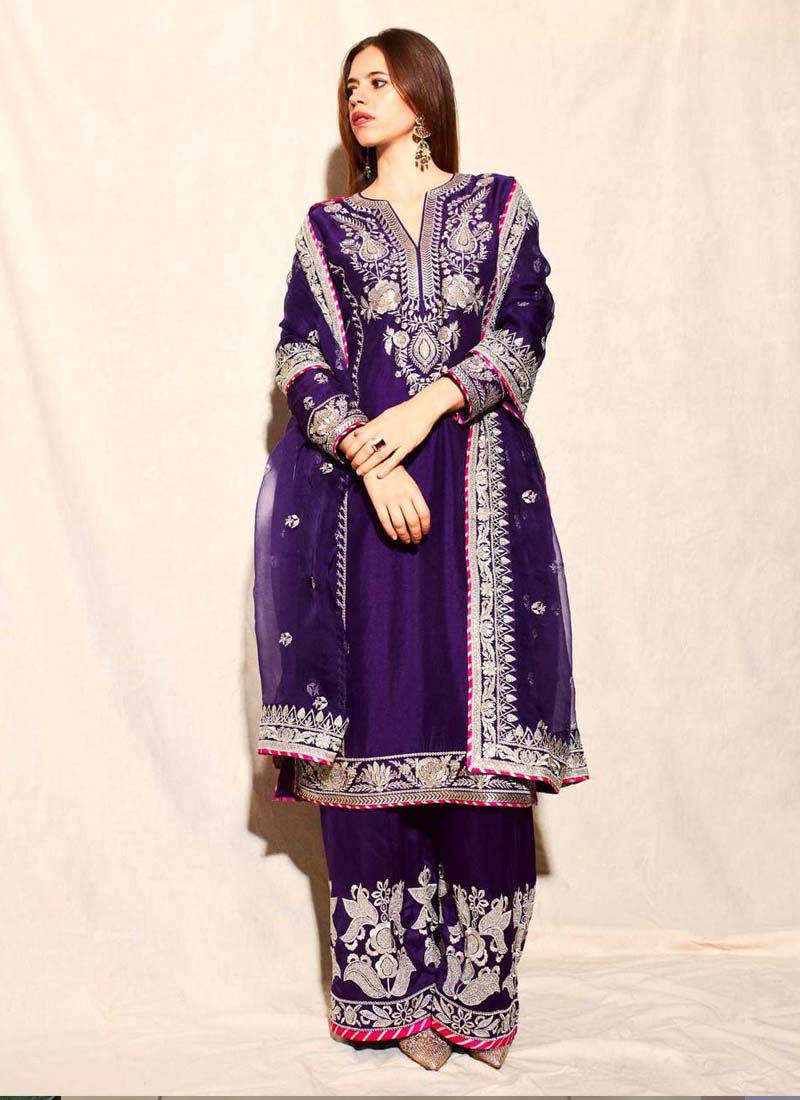 Violet Blue Chinon Silk palazzo suit with detailed embroidery and coding sequence work