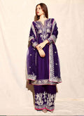 Violet Blue Chinon Silk palazzo suit with detailed embroidery and coding sequence work