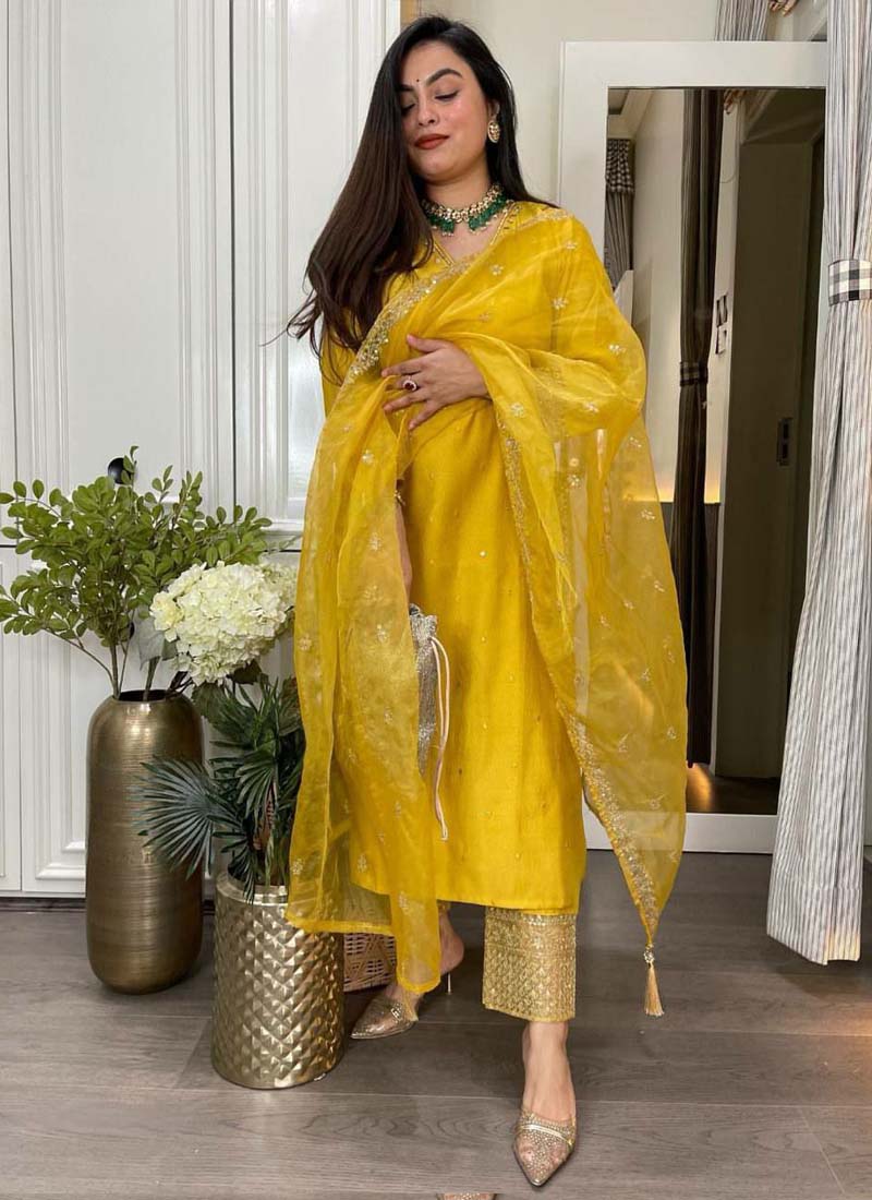Yellow Roman Silk Embroidered Salwar Suit with Mirror Work