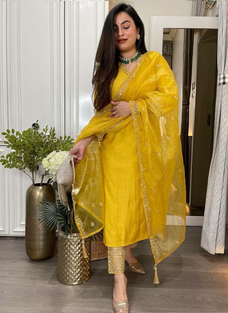 Yellow Roman Silk Embroidered Salwar Suit with Mirror Work