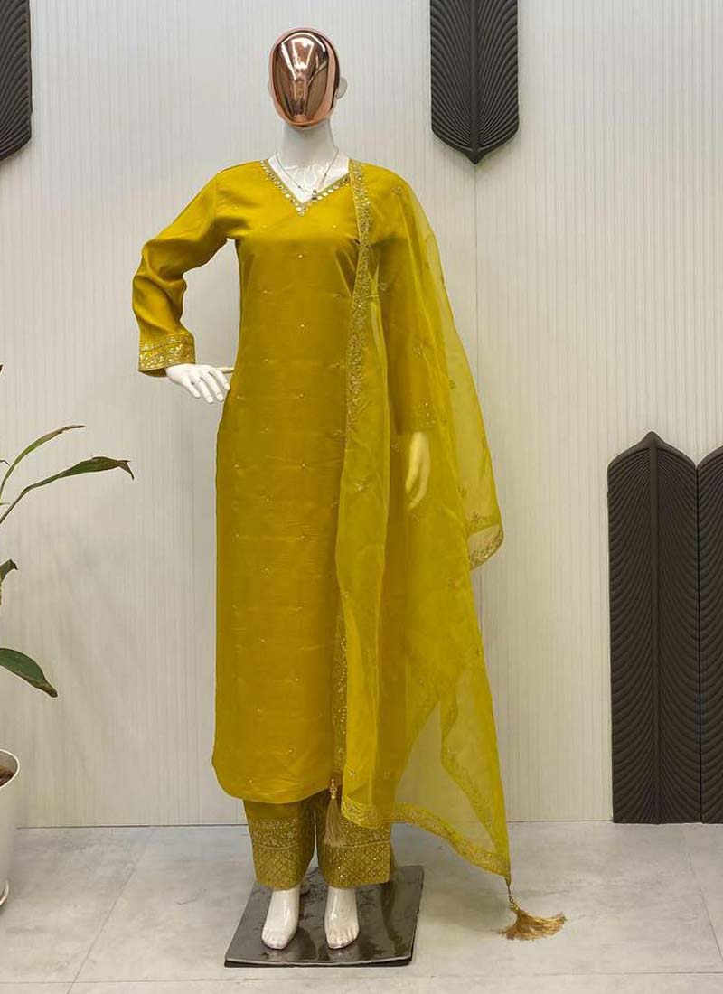 Yellow Roman Silk Embroidered Salwar Suit with Mirror Work