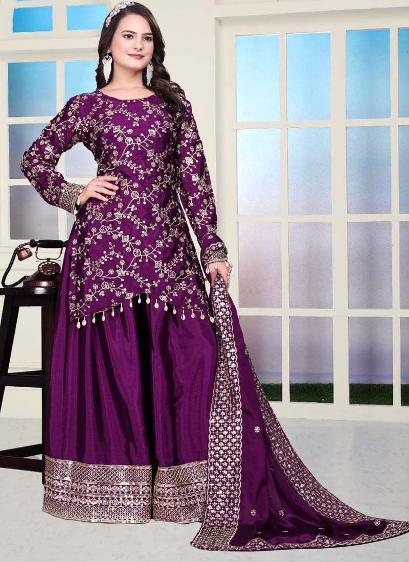 Violet Chinon Silk Embroidered Sharara Suit Set