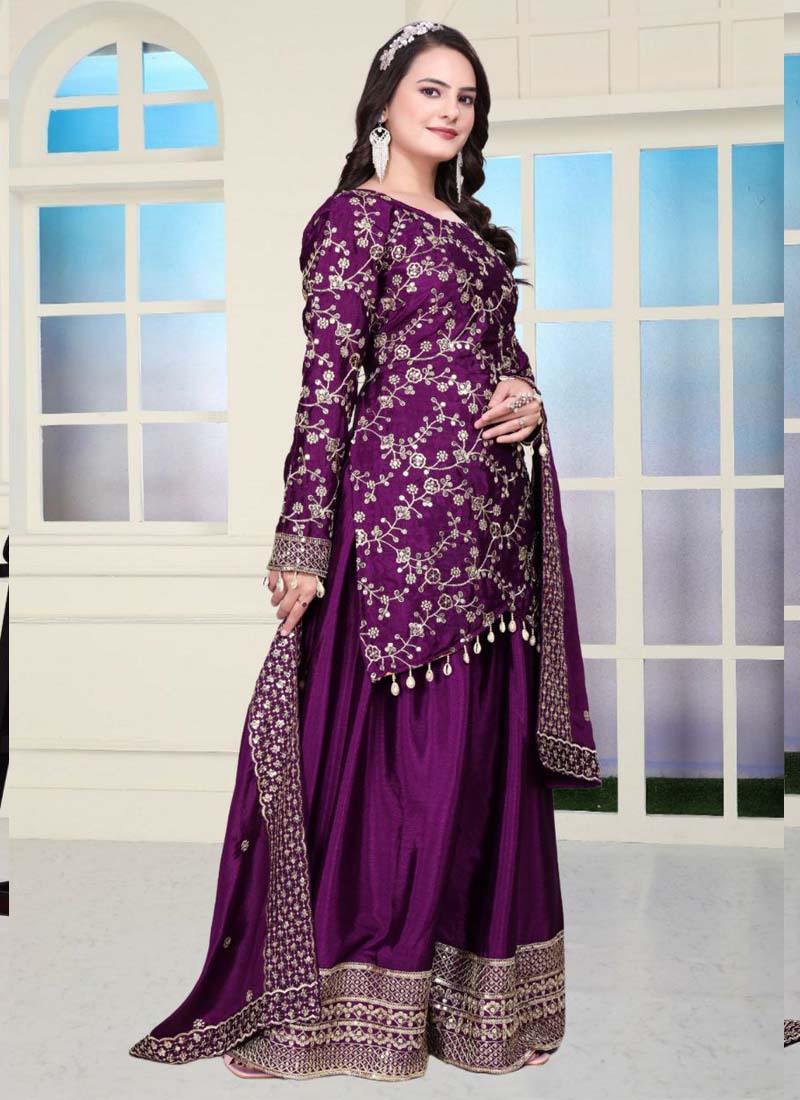 Violet Chinon Silk Embroidered Sharara Suit Set