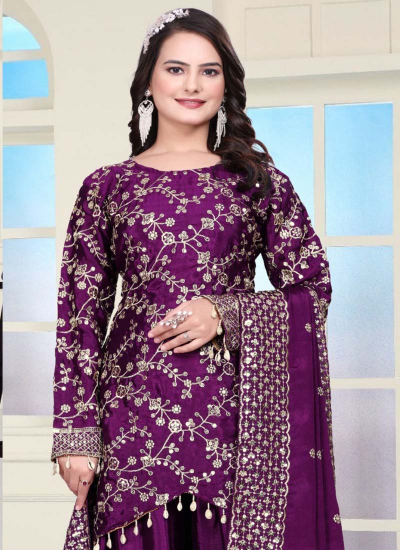 Violet Chinon Silk Embroidered Sharara Suit Set