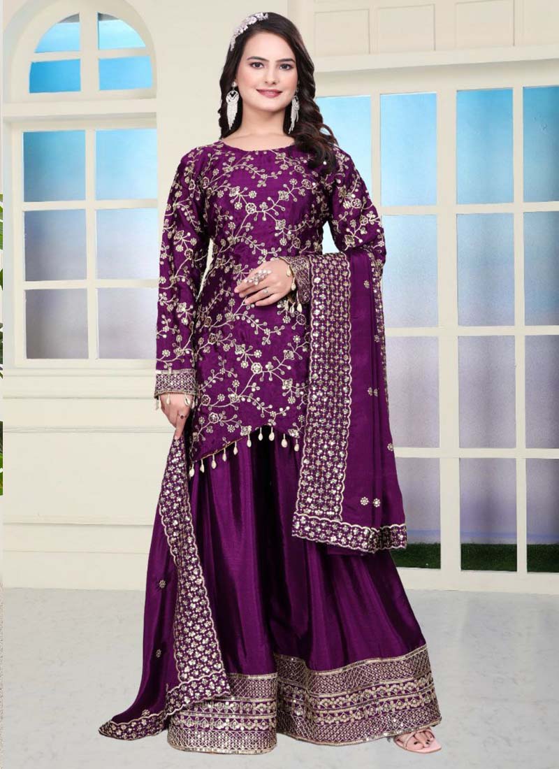 Violet Chinon silk sharara suit with gold sequence embroidery and floral patterns.