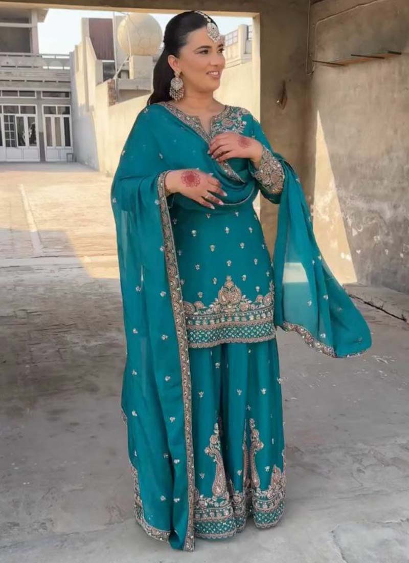 Turquoise Chinon Silk Embroidered Palazzo Suit