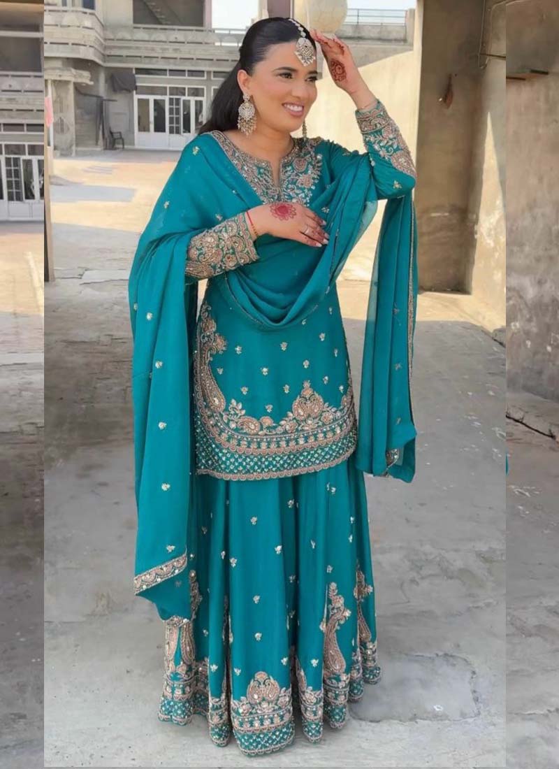Turquoise Chinon Silk Embroidered Palazzo Suit