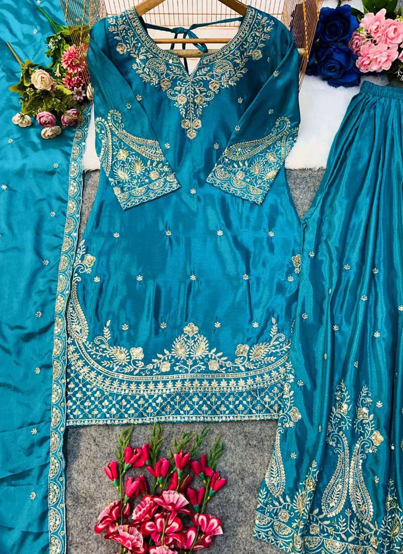 Turquoise Chinon Silk Embroidered Palazzo Suit